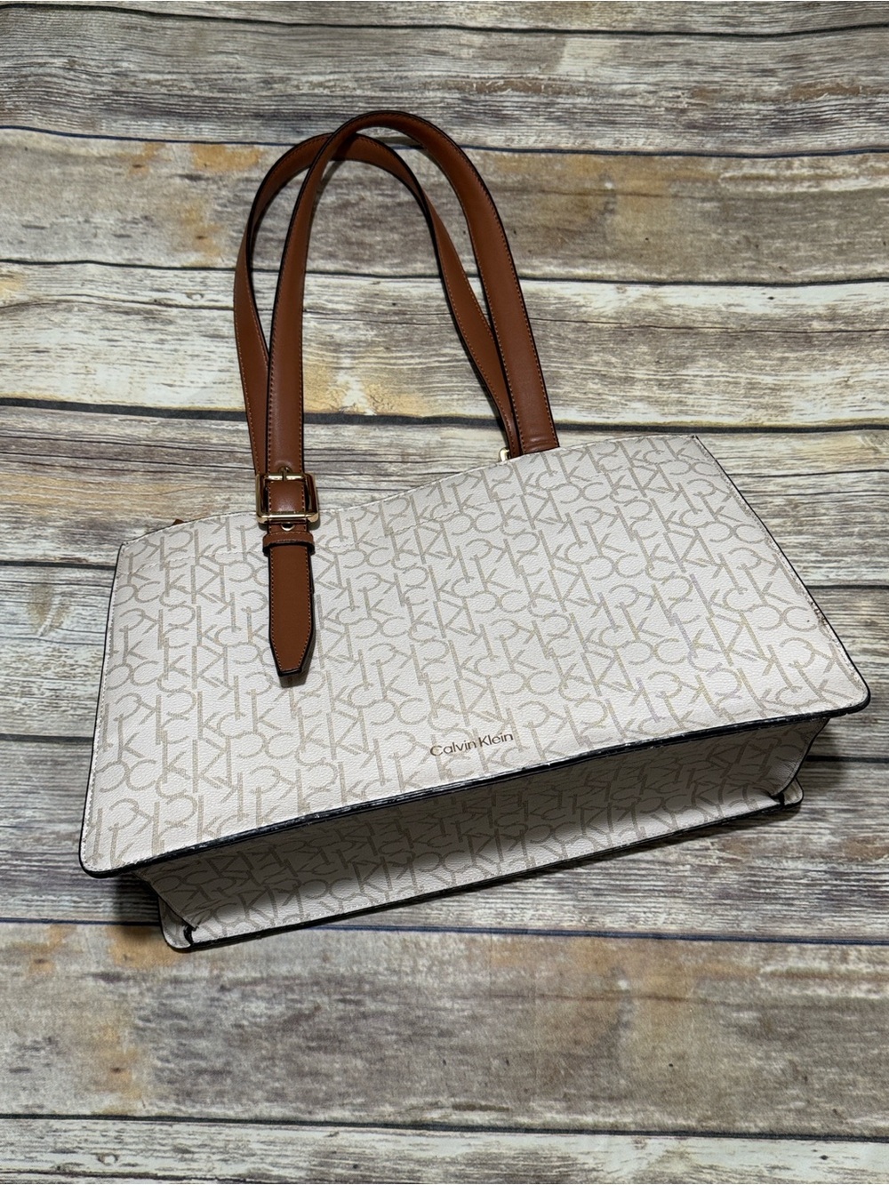 Calvin Klein Beige Signature Monogram Tote with Brown Straps